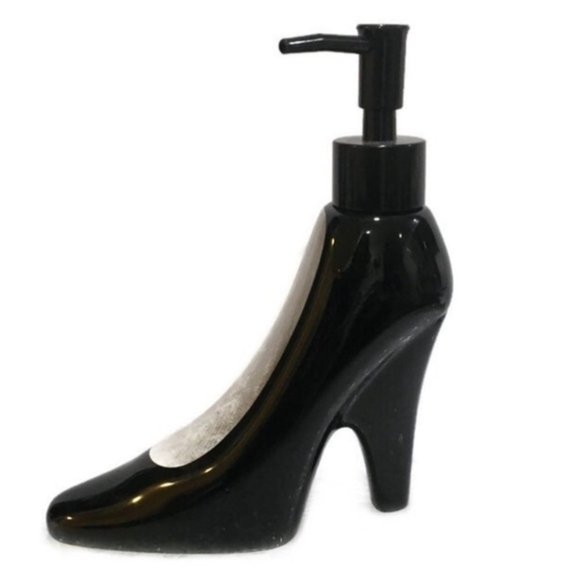 Soap Lotion Pump Dispenser Ceramic High Heel Shiny Black Patent Leather Style - Picture 3 of 12